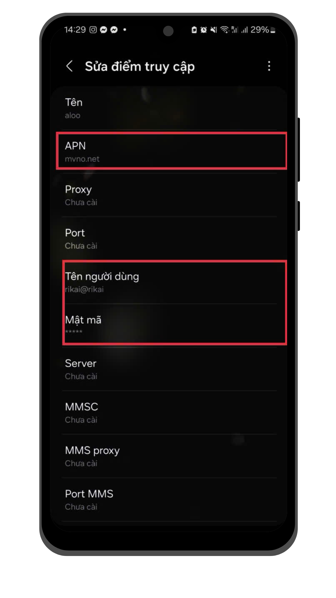 Bước 5:  Nhập Thông Tin Cần Thiết. Với APN là “mvno.net“, tên tài khoản là “rikai@rikai”, mật khẩu là “rikai”.