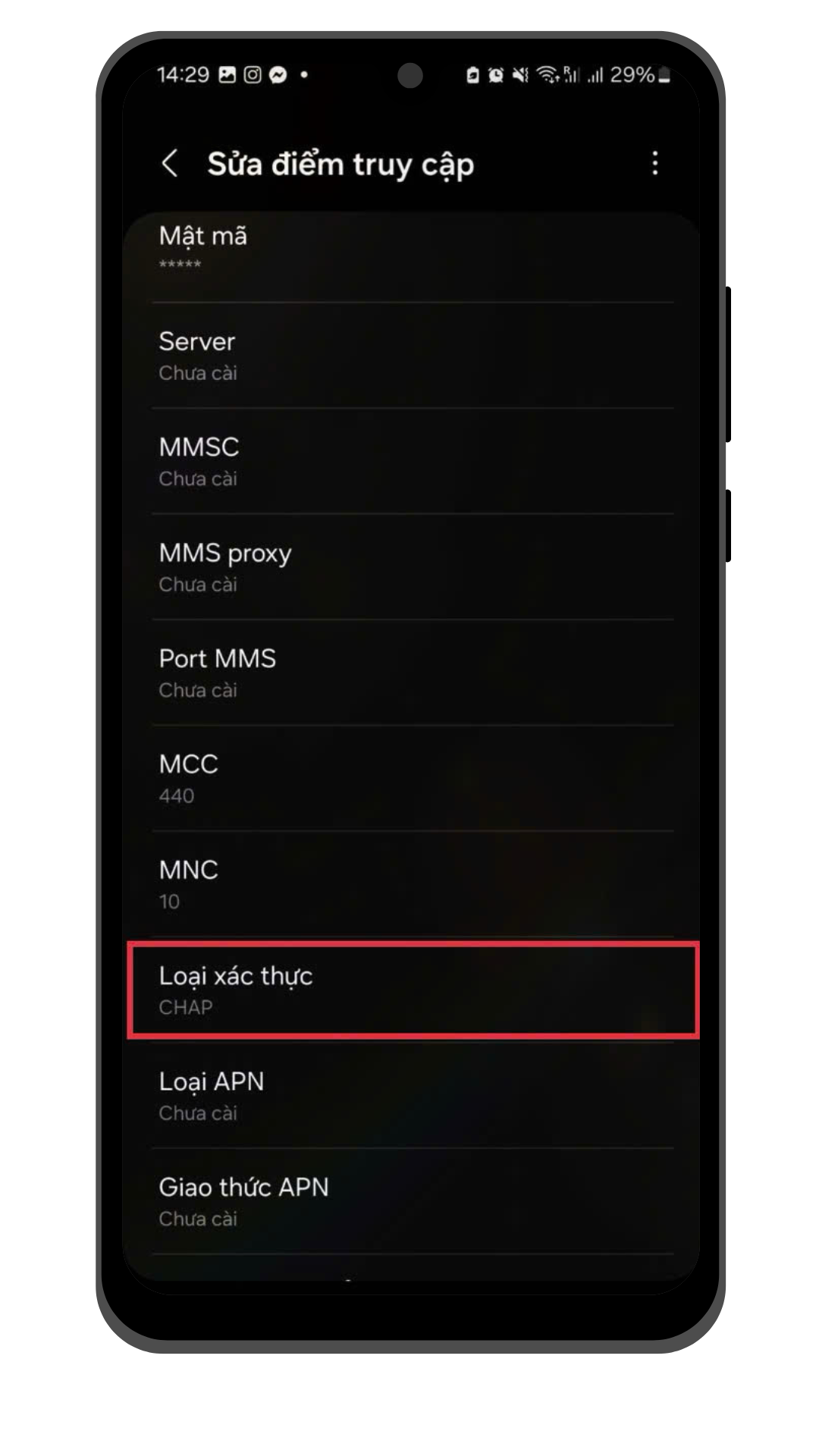 Bước 6:  Chọn loại xác thực là “CHAP”. Các trường khác để trống.